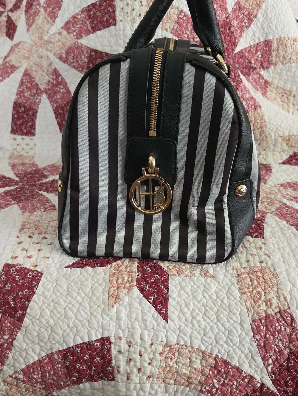 henri bendel Black and Grey Striped Dome Satchel with Gold Hardware
